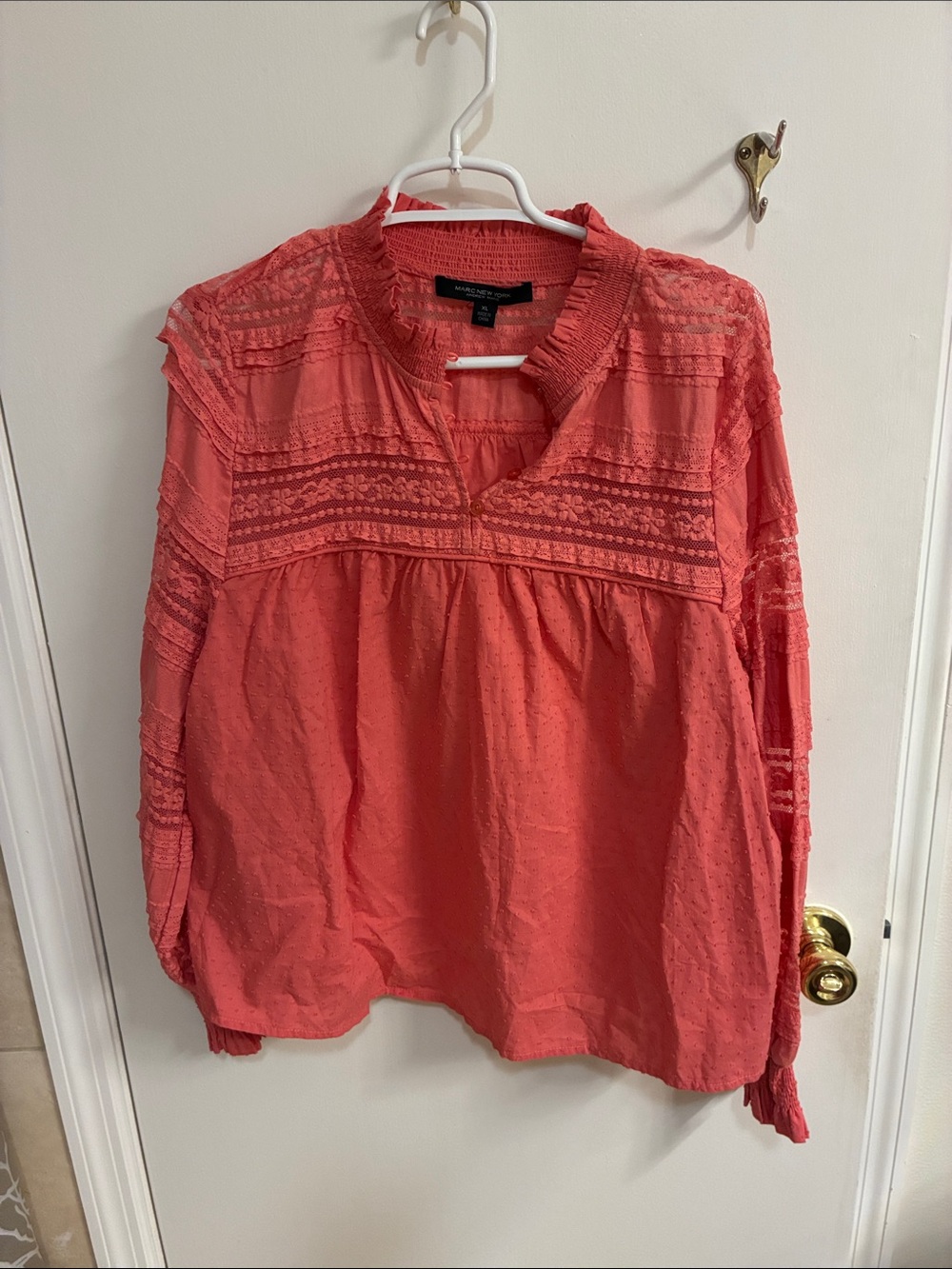 Marc New York Coral Textured Split-Neck Peasant Blouse Sz XL